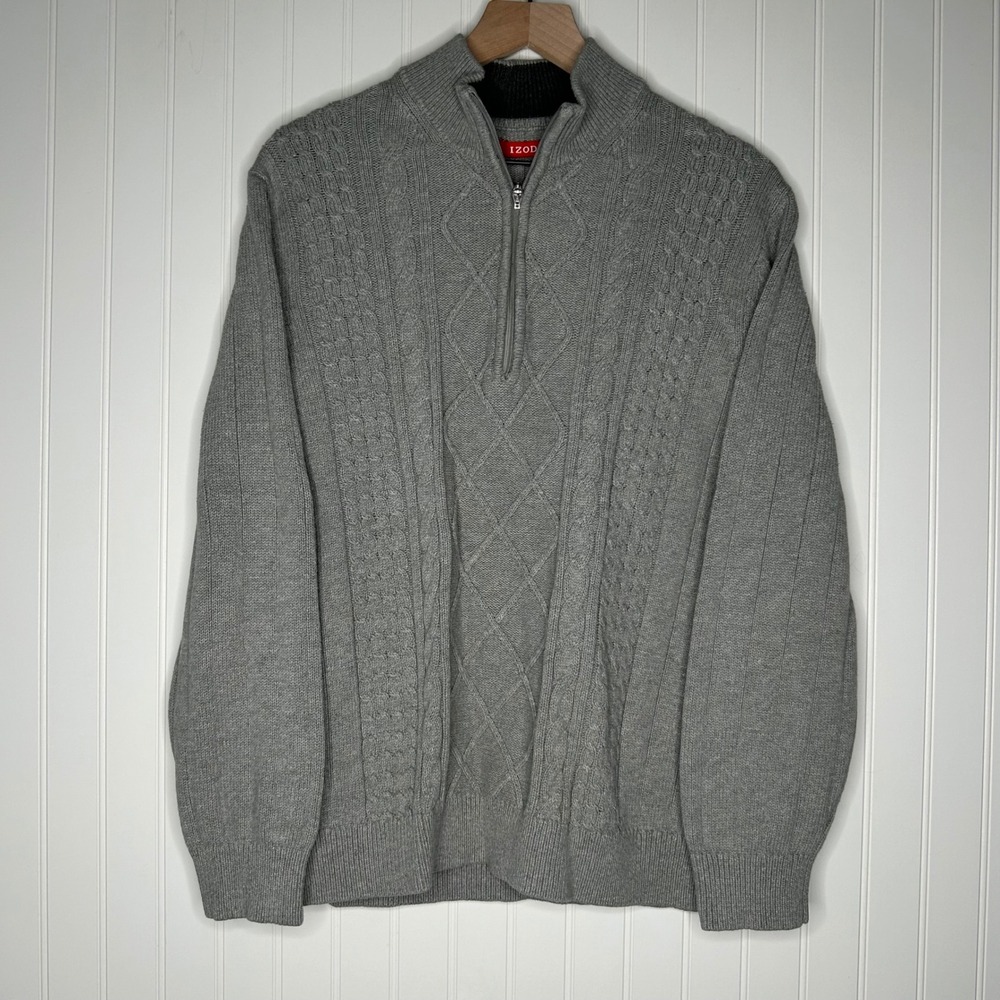 IZOD Mens Sweater XL Gray Cable Knit Quarter Zip Cotton Pullover Mock Neck